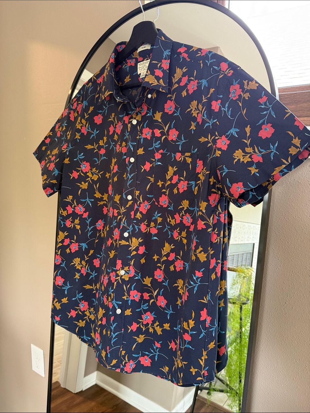 J. Crew Navy Floral Organic Cotton Short Sleeve Button-Down Shirt